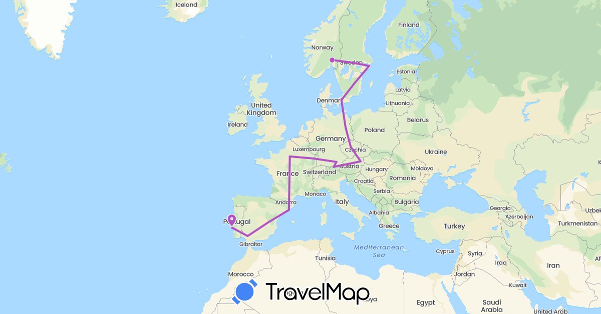 TravelMap itinerary: driving, train in Austria, Czech Republic, Germany, Denmark, Spain, France, Norway, Portugal, Sweden (Europe)
